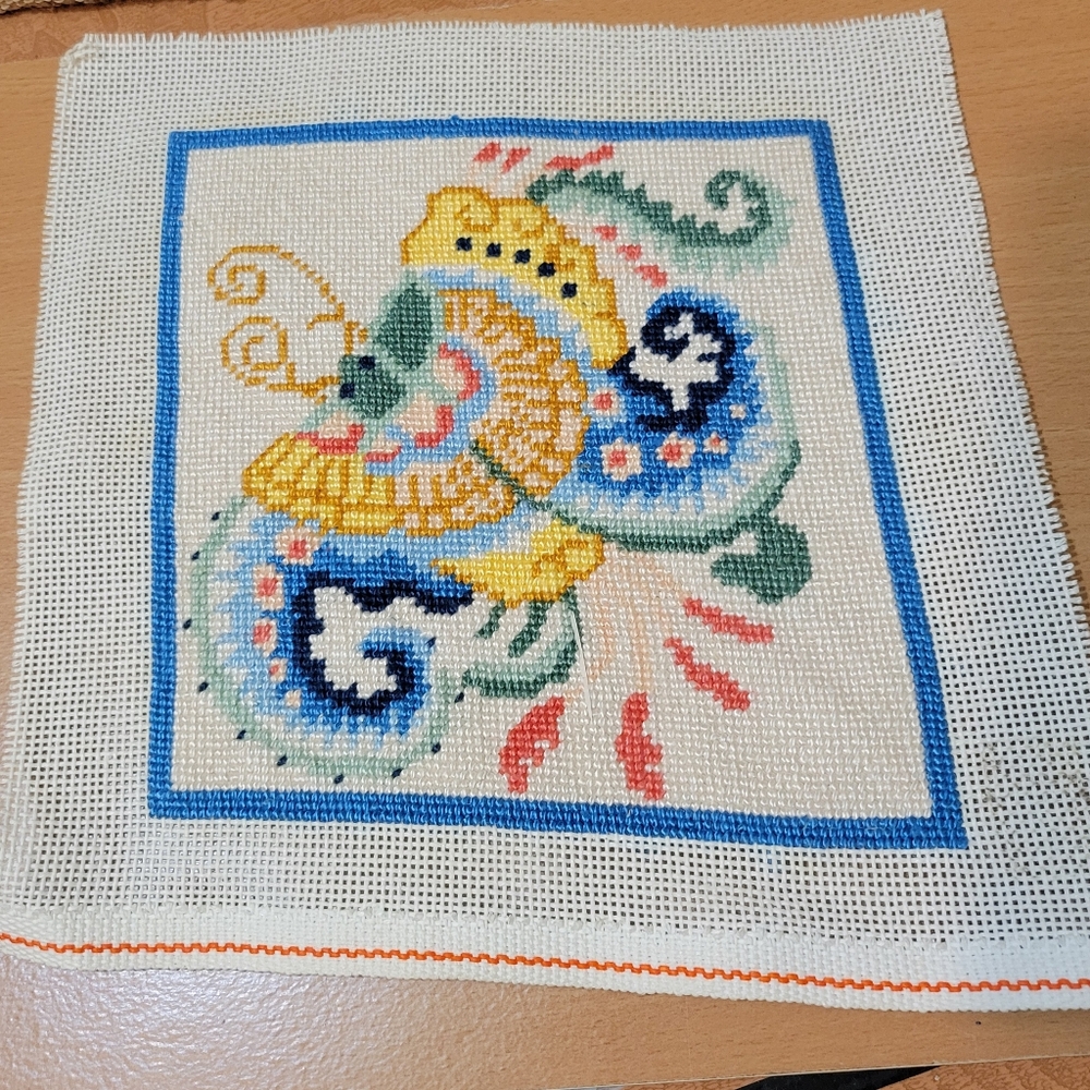 Vintage Needlepoint Colorful Butterfly Completed Finished Unframed